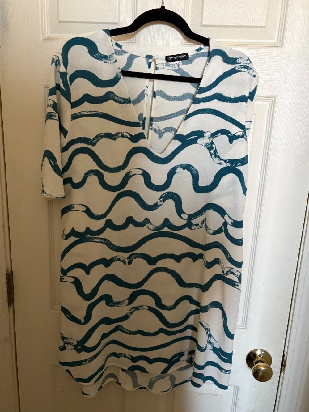American Apparel V-neck Tunic or Shift Dress in Ivory and Blue Pattern (L)